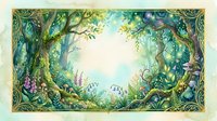 Enchanted forest frame with lush green foliage, flowering vines and magical light creating mystical woodland border for fairy tale designs.