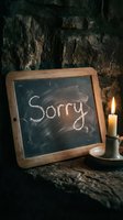 Vintage chalkboard with Sorry written in chalk beside a glowing candle on a rustic stone surface, evoking apology and remorse.