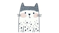 Cute hand-drawn cat with gray ears and spotted body on white background. Minimalist cartoon style pet illustration for children's designs and nursery decor.