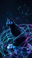 Futuristic cyber cat with glowing blue eyes surrounded by neon geometric networks and constellation patterns against cosmic starry background.