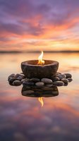 Stone oil lamp with flame floating on calm water at sunset with purple and orange sky reflection for meditation and spa wellness concepts.