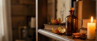 Cozy autumn still life with amber glass bottles, dried orange slices, cinnamon sticks and glowing candle on rustic wooden shelf creating warm seasonal atmosphere.