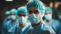 Medical team in surgical scrubs and protective masks standing in hospital operating room, focused on lead surgeon wearing glasses and cap.