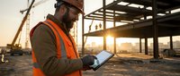 Male construction worker wearing safety vest and hard hat using digital tablet on industrial building site at sunset for project management and planning.