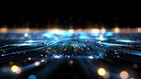 Glowing blue fiber optic lines with bokeh light effects on black background, digital network concept for technology and communication designs.