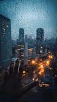 Hand touching rainy window with blurred city skyline and glowing lights in background, creating moody urban atmosphere during evening downpour.