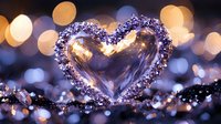 Sparkling crystal heart shape with glowing edges against blurred golden bokeh lights creating romantic atmosphere for valentines day and love concepts.