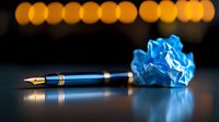Elegant fountain pen beside crumpled blue paper on reflective surface with warm bokeh lights in background, conveying writer's block and creative process.