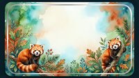 Watercolor red pandas resting on branches with lush foliage, soft teal and orange tones, copy space in center for text or design.