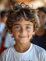 Young boy with curly brown hair and bright blue eyes wearing white t-shirt smiles warmly at camera. Natural lighting creates soft portrait effect.