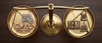 Balanced scale with shopping cart and factory icons on brass circular plates, symbolizing commerce and industry equilibrium on wooden background.