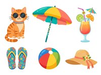 Orange tabby cat wearing sunglasses, colorful beach umbrella, tropical cocktail with umbrella, flip-flops, beach ball, and straw hat isolated on white background for summer designs.