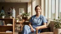 Female healthcare professional in blue scrubs sitting confidently in modern medical office with natural lighting and plants creating welcoming atmosphere.