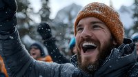 Joyful bearded Caucasian man in orange knit hat and winter jacket laughing during snowfall, expressing genuine happiness and excitement outdoors in snowy weather.