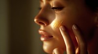 Side profile of young caucasian woman's face in warm golden sunlight touching her cheek gently, showing natural beauty and skincare concept with soft dreamy atmosphere.