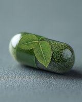 Green medical capsule with natural leaf overlay on textured gray background, representing herbal medicine and alternative healthcare concept. Macro photography.