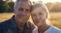 Happy senior Caucasian couple smiling outdoors in golden sunset light, mature man and woman embracing in countryside field for retirement lifestyle content.