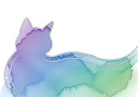 Watercolor cat silhouette with flowing tail in purple blue green gradient colors isolated on transparent background for creative design projects.