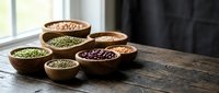 Assorted legumes and grains in wooden bowls on rustic table, including lentils, beans, and seeds for cooking and nutrition.