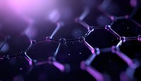 Molecular structure with hexagonal pattern glowing in purple and black background, scientific concept showing atomic bonds and nanotechnology connections.