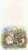Adorable rat family with baby surrounded by colorful wildflowers and botanical elements on watercolor background for nursery decor and greeting cards.