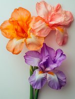Vibrant iris flowers in orange, pink and purple hues against light background, showcasing delicate petals and natural garden beauty. Suitable for floral designs.