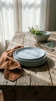 Minimalist table setting with stacked ceramic plates, linen napkin, cutlery, and fresh flowers in bowl on rustic wooden table by window with sheer curtains for home decor and dining styling.
