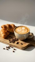 Fresh croissants and steaming latte with latte art on wooden board with coffee beans for breakfast cafe menu and food photography.
