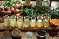 Aromatic oils in glass jars on wooden board with fresh herbs, spices, garlic, onions, and citrus for culinary use.