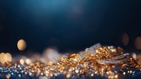 Luxury golden jewelry with diamonds on dark background with bokeh lights and reflections, close-up macro photography for jewelry store advertising.