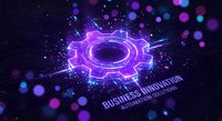 Digital gear mechanism with neon purple and blue lighting effects on dark background for technology and automation concepts in business presentations.