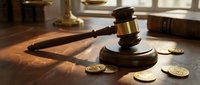 Wooden judge gavel with golden coins on desk in warm sunlight, symbolizing legal decisions, financial justice, court proceedings, and monetary disputes resolution.