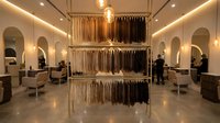 Modern luxury hair salon interior with organized color sample display rack and professional styling stations with warm ambient lighting.