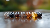 Colorful natural gemstones lined up in a row on reflective surface with soft bokeh background, showing variety of translucent minerals in amber, black and clear tones.