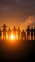 Diverse group of people holding hands in silhouette against golden sunset, including person in wheelchair, symbolizing unity, inclusion, and community teamwork for social causes.