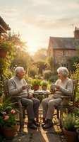Senior couple enjoying morning coffee together on sunny garden patio surrounded by blooming flowers and potted plants in peaceful retirement lifestyle.