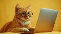 Orange tabby cat wearing glasses working on laptop computer against warm yellow background for business and technology concepts.