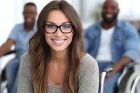 Young Caucasian woman wearing glasses and gray sweater smiling at camera with diverse coworkers in background of modern office space. Professional workplace setting.