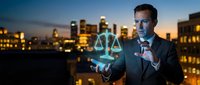 Professional businessman holding glowing digital scales of justice hologram against city skyline at dusk representing legal technology and corporate law services.