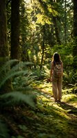 Woman hiker with backpack walking through sunlit forest trail surrounded by tall trees and lush green vegetation, exploring nature and outdoor adventure.