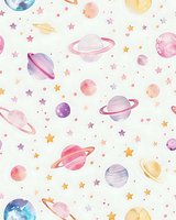 Watercolor space pattern with colorful planets, stars and celestial bodies on white background for nursery decor, fabric design, and children's products.