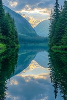 Serene mountain lake with dramatic clouds reflected in calm water surrounded by evergreen forest at golden hour creating peaceful wilderness scene.