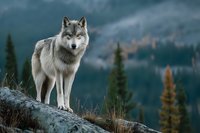 Gray wolf standing on rocky ledge overlooking misty mountain forest landscape with autumn colors in background.