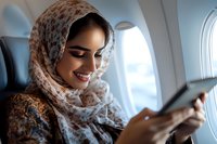 Young Middle Eastern woman in floral hijab smiling while using smartphone on airplane by window seat, natural lighting creates warm atmosphere for travel content.