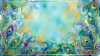 Watercolor peacock feathers frame with turquoise and gold abstract background for elegant design projects and decorative art applications.