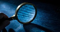 Magnifying glass examining binary code data stream on digital blue background for cybersecurity analysis and information technology research applications.