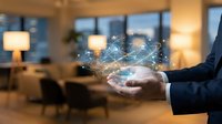 Businessman holding glowing digital network with smart home icons, representing IoT connectivity and modern technology innovation concept.