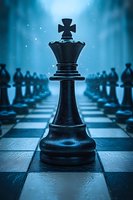 Black chess king piece standing prominently on checkered board with blue atmospheric lighting and blurred chess pieces in background for strategy concepts.