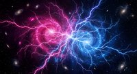 Electric energy collision with pink and blue lightning bolts creating spiral patterns against starry space background for sci-fi designs.