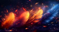 Magical glowing feathers in orange and blue colors floating in dark space with sparkles and bokeh lights creating mystical atmospheric background.